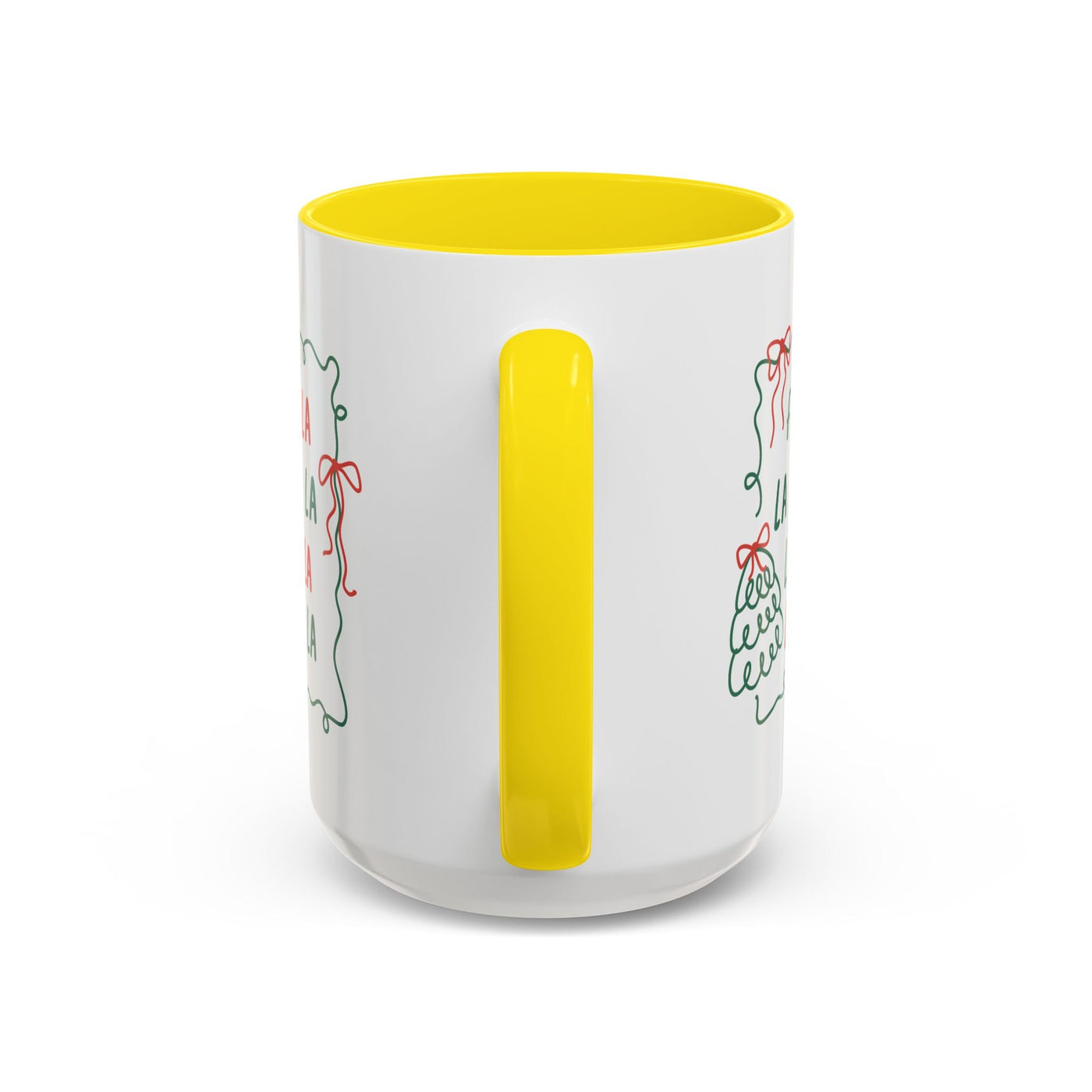 Fa La La Christmas coffee mug with yellow interior and handle, minimalist holiday ceramic cup for cozy festive mornings