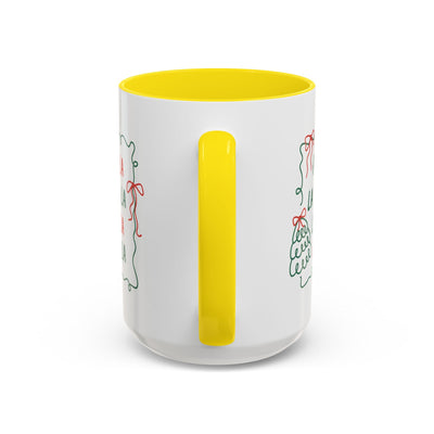 Fa La La Christmas coffee mug with yellow interior and handle, minimalist holiday ceramic cup for cozy festive mornings