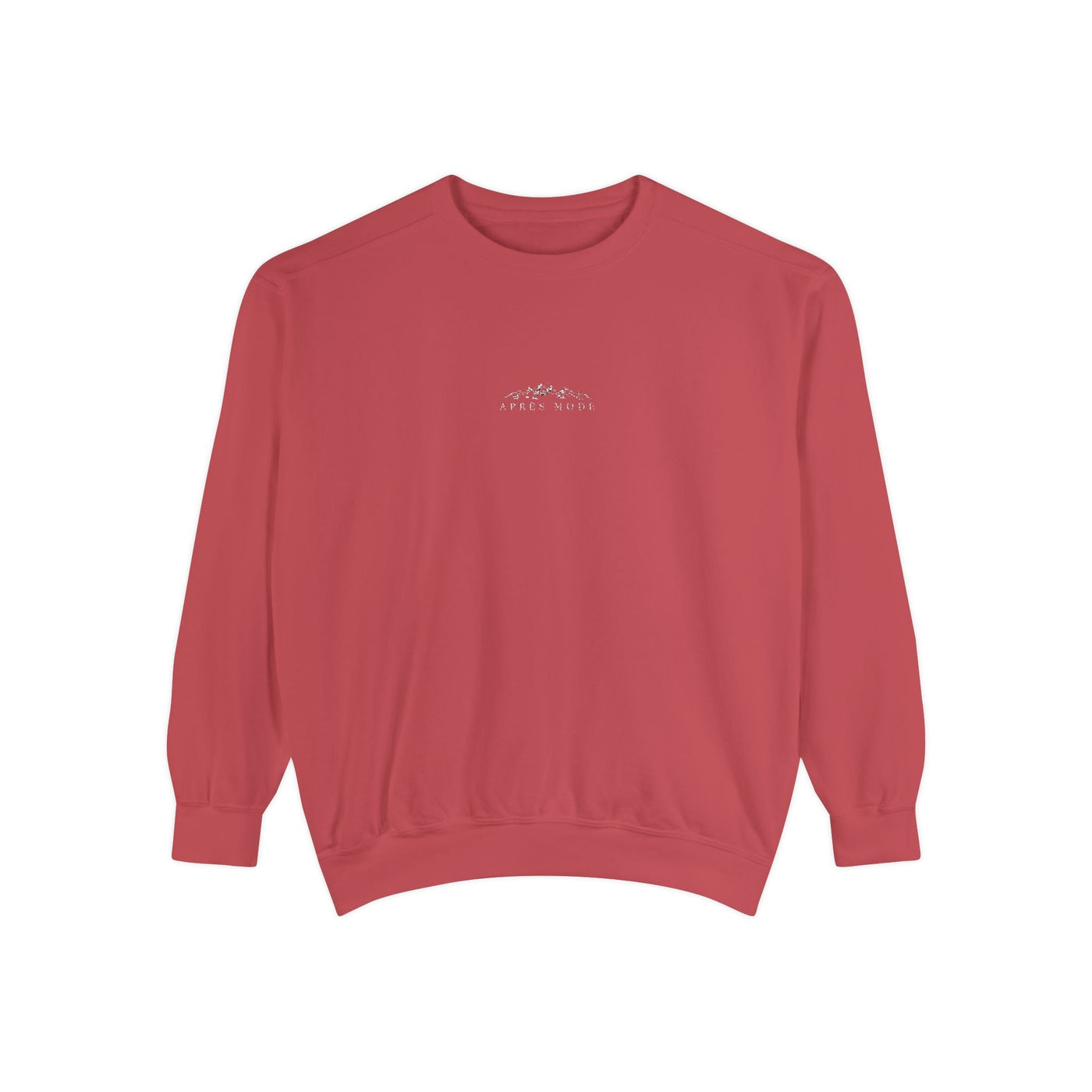 Unisex red sweatshirt with mountain skiing embroidery and "apres Mode" text, soft cotton-polyester blend, relaxed fit.