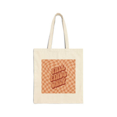 Chequered color pattern tote bag with "Fall Finds Only" text in natural cotton canvas