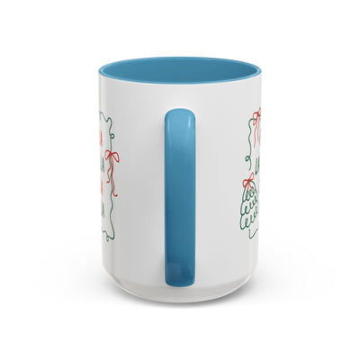 Fa La La Christmas Coffee Mug with blue handle and interior, minimalist holiday ceramic cup design