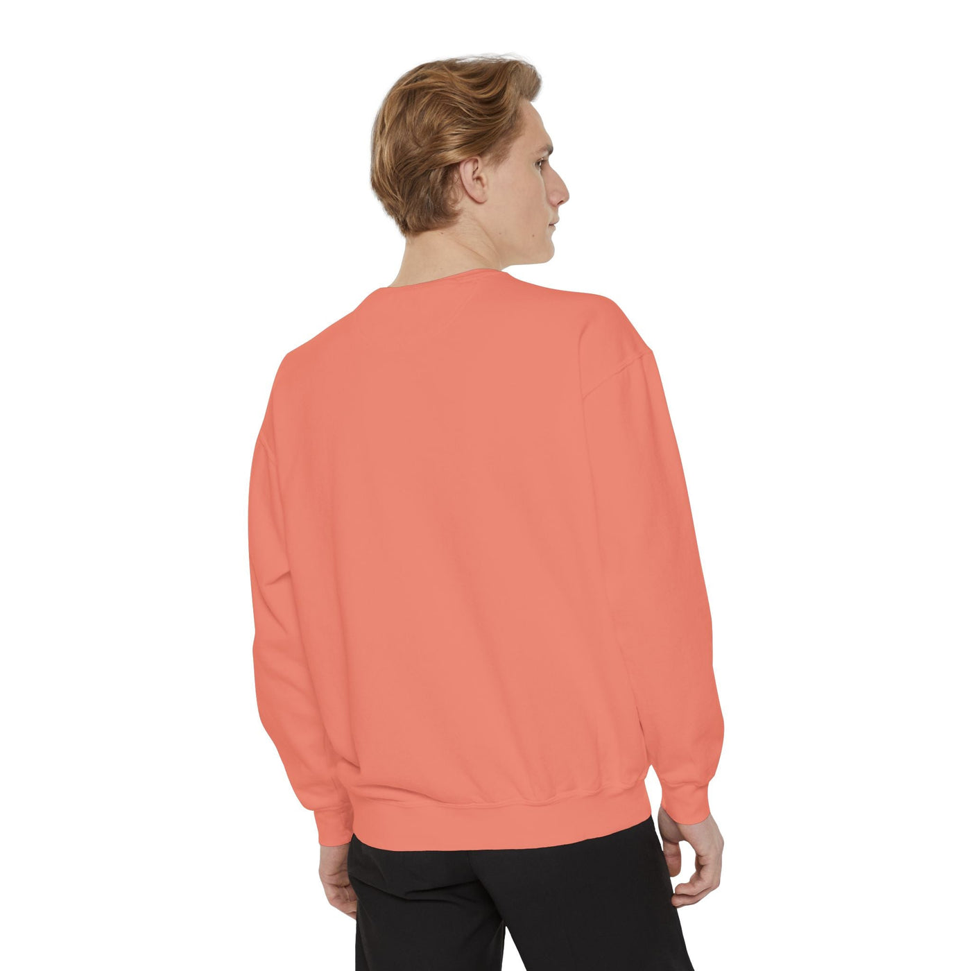 Cozy unisex sweatshirt in coral, relaxed fit with ribbed cuffs and hem, minimalist embroidery, soft cotton-poly blend