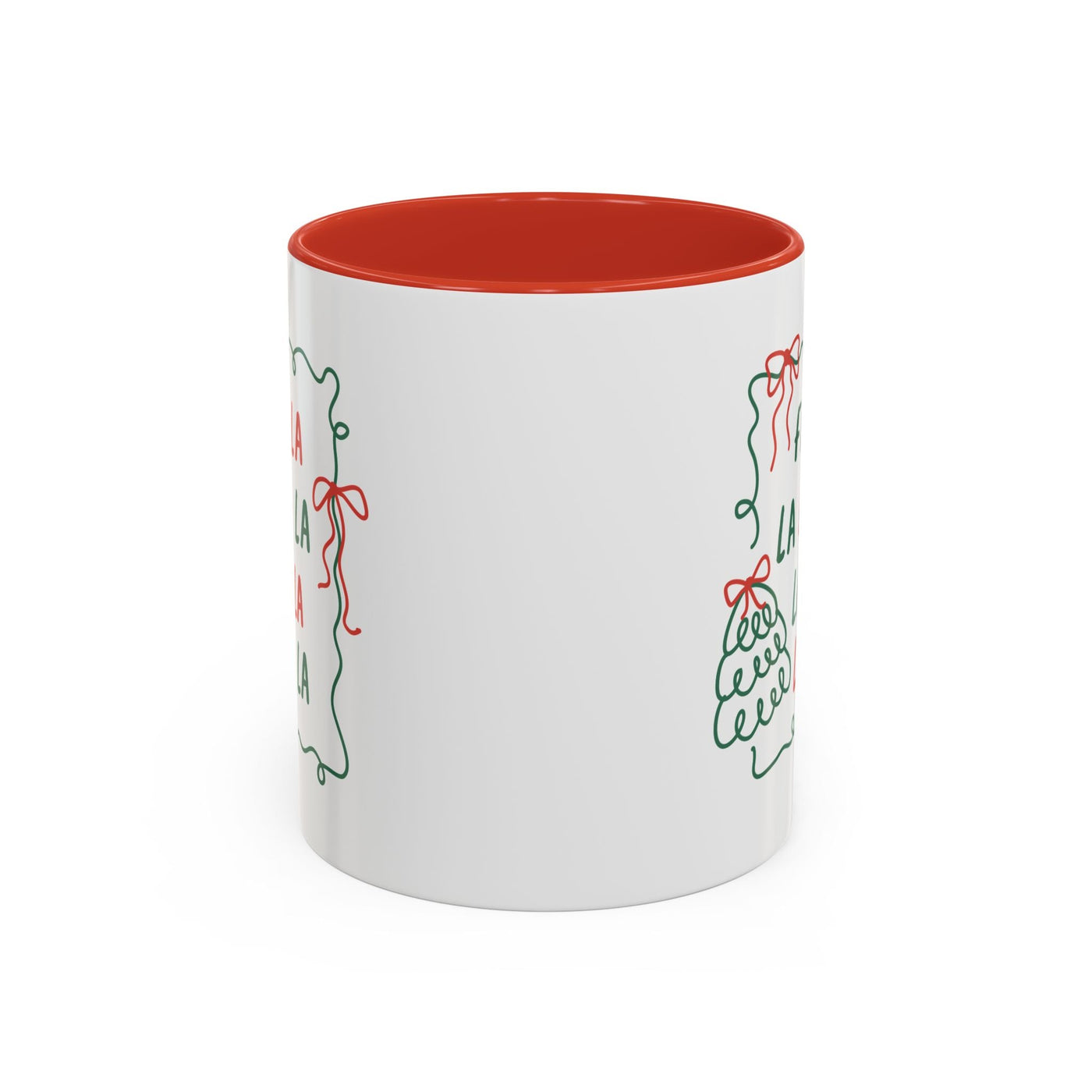 Fa La La Christmas Coffee Mug white ceramic with red interior minimalist holiday design dishwasher and microwave safe