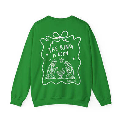 Green Coquette Bow Crewneck Sweatshirt with "The King is Born" faith design and nativity scene print on back