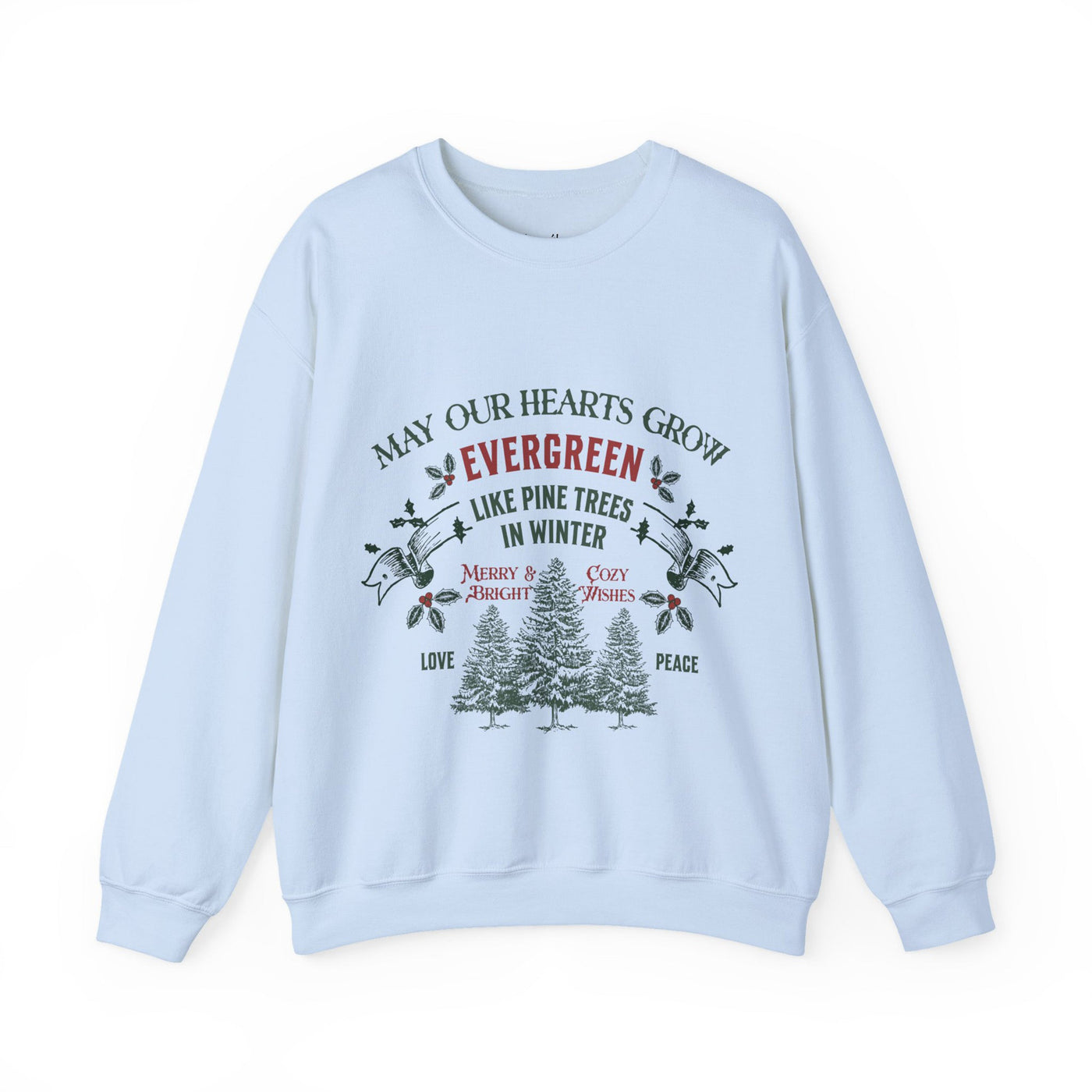 Light blue Christmas crewneck sweatshirt with festive evergreen tree design and holiday message, unisex cozy winter wear