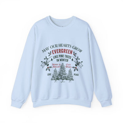 Light blue Christmas crewneck sweatshirt with festive evergreen tree design and holiday message, unisex cozy winter wear