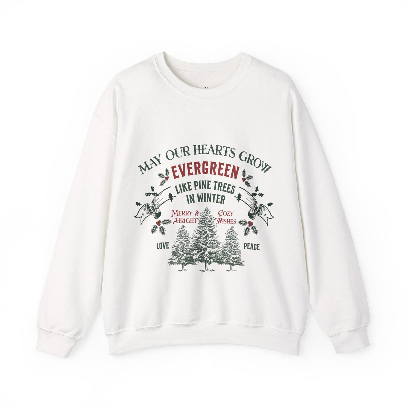 White Christmas crewneck sweatshirt with evergreen trees and holiday message design