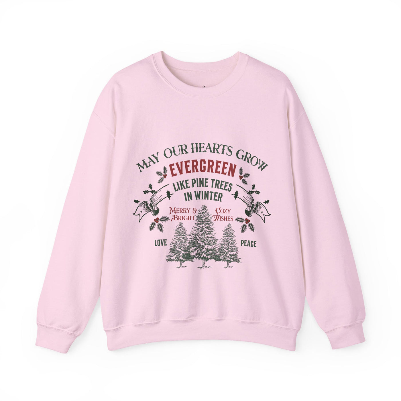 Pink Christmas crewneck sweatshirt with evergreen tree holiday design and festive message