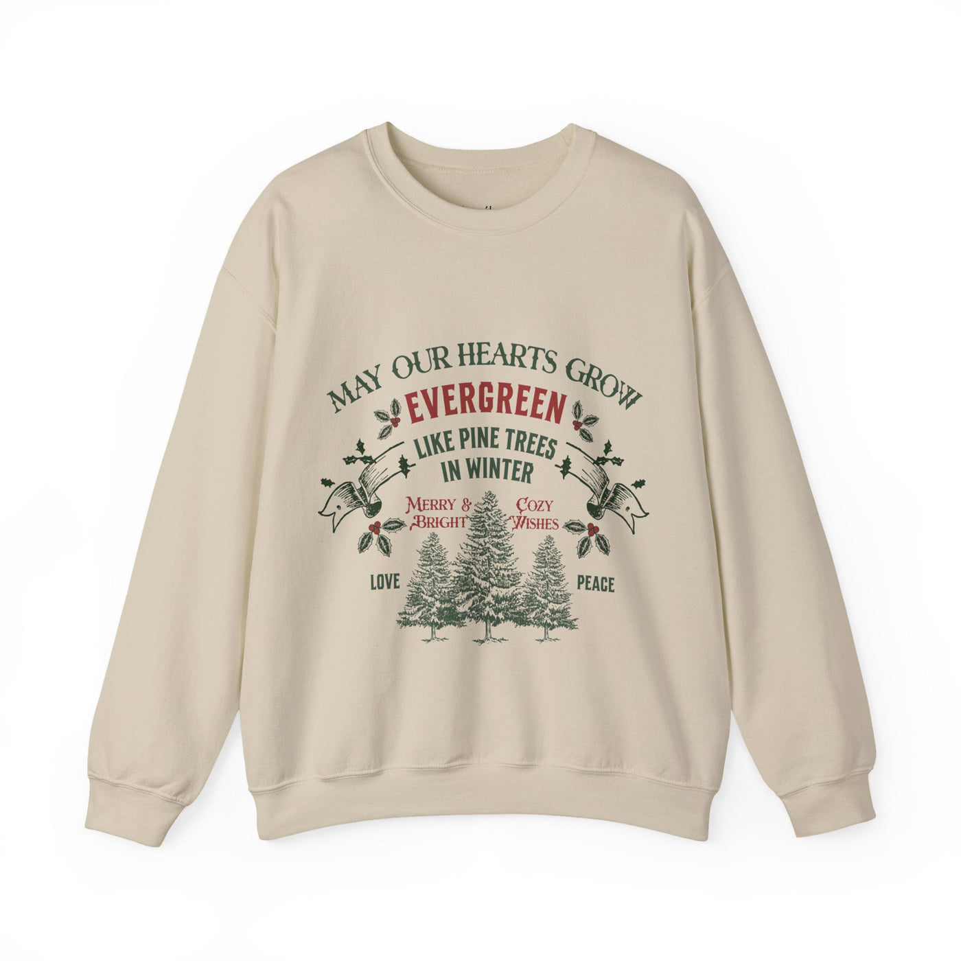 Beige Christmas crewneck sweatshirt with evergreen holiday design and festive text by Brew'd Up Designs