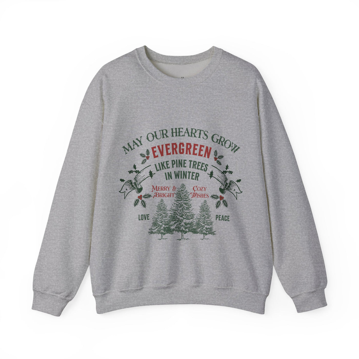 Gray Christmas crewneck sweatshirt with evergreen tree holiday design and festive message