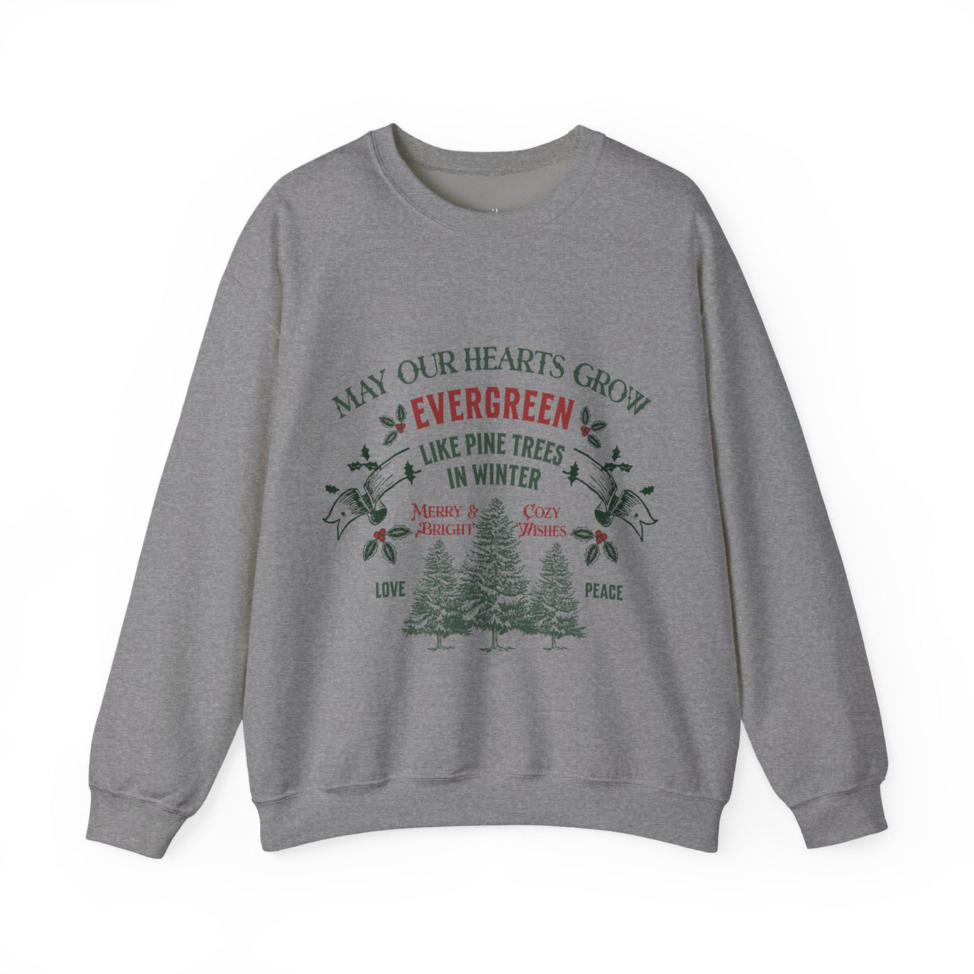 Gray unisex Christmas crewneck sweatshirt with green and red holiday evergreen tree design and festive text