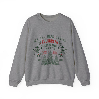 Gray unisex Christmas crewneck sweatshirt with green and red holiday evergreen tree design and festive text