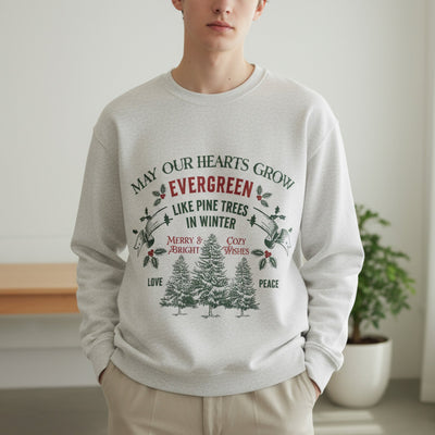 Unisex Christmas crewneck sweatshirt with evergreen pine tree holiday design and festive text, cozy and minimalist style by Brew’d Up Designs