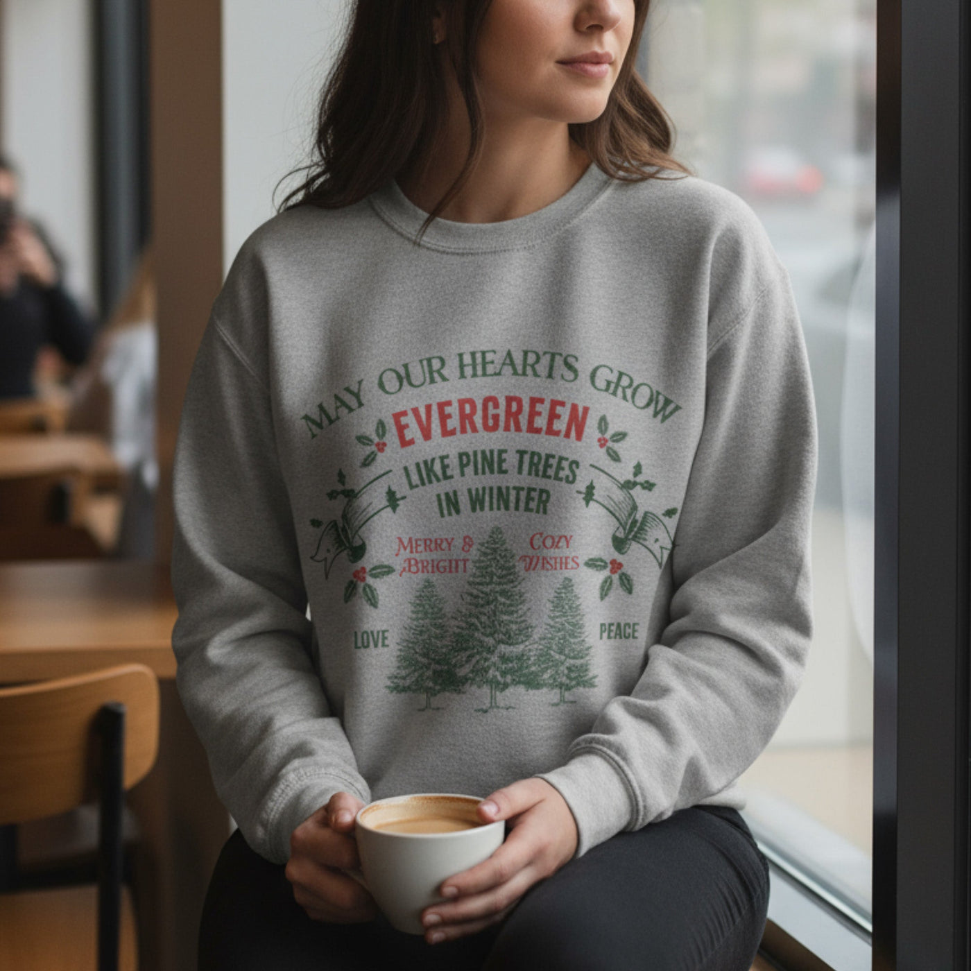 Christmas Crewneck sweatshirt with evergreen pine tree holiday design, cozy unisex crewneck for winter celebrations and festive comfort