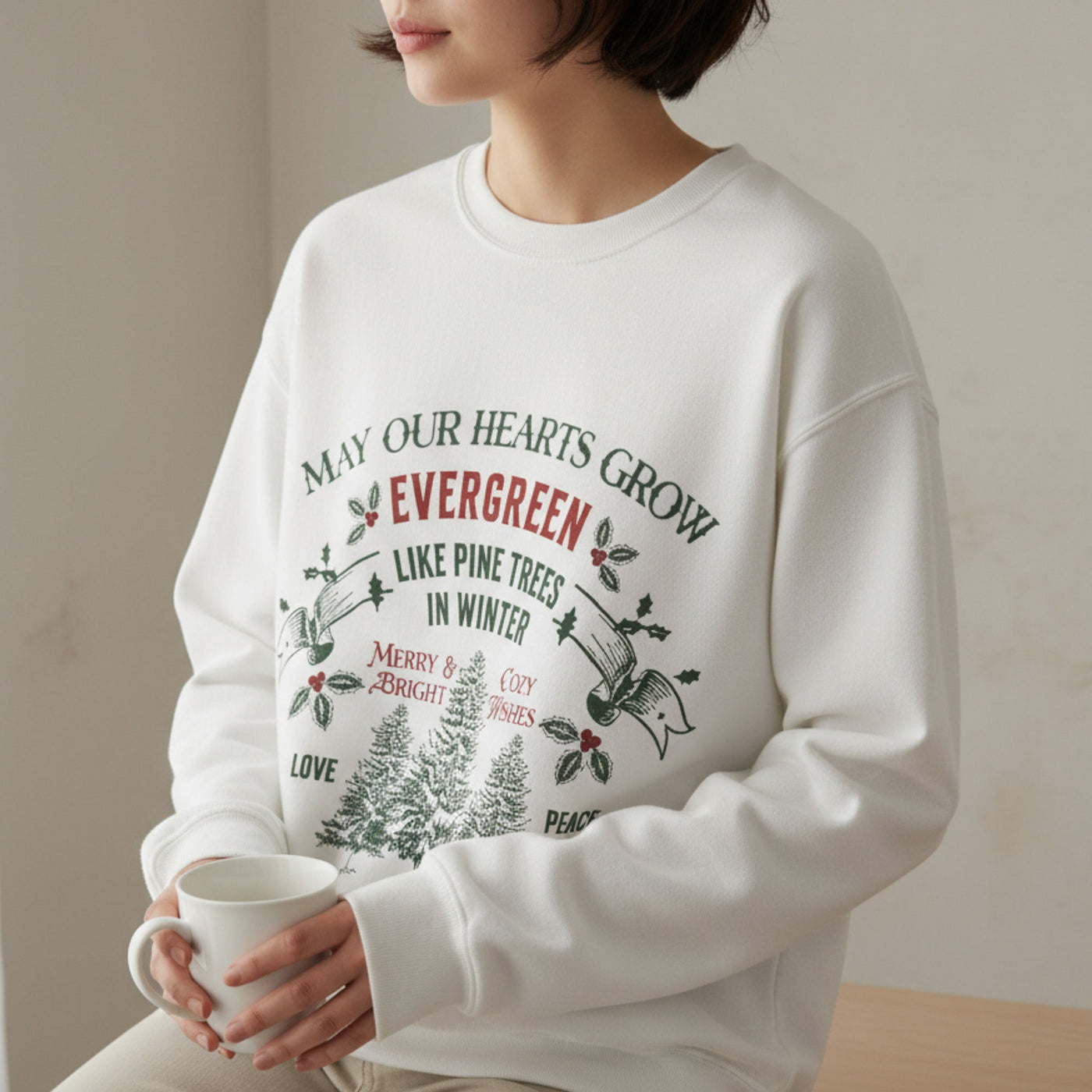 Unisex white Christmas crewneck sweatshirt with holiday evergreen and pine tree design, cozy and minimalist style by Brew’d Up Designs