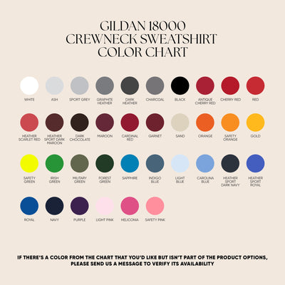 Gildan 18000 crewneck sweatshirt color chart for Christmas Crewneck by Brew’d Up Designs