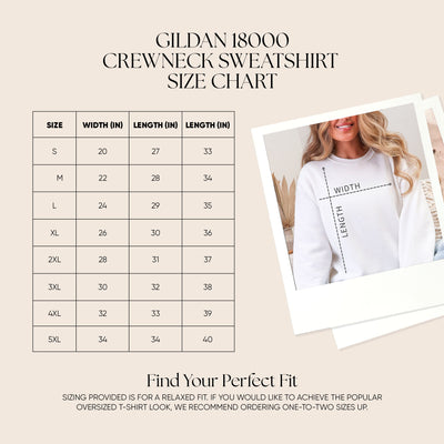 Christmas Crewneck unisex heavy blend sweatshirt size chart with measurements and fit guide by Brew’d Up Designs