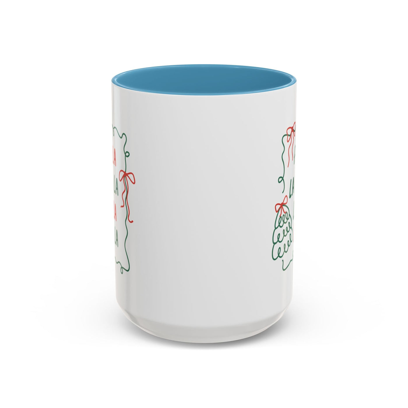 Fa La La Christmas Coffee Mug white ceramic with blue interior and minimalist holiday design