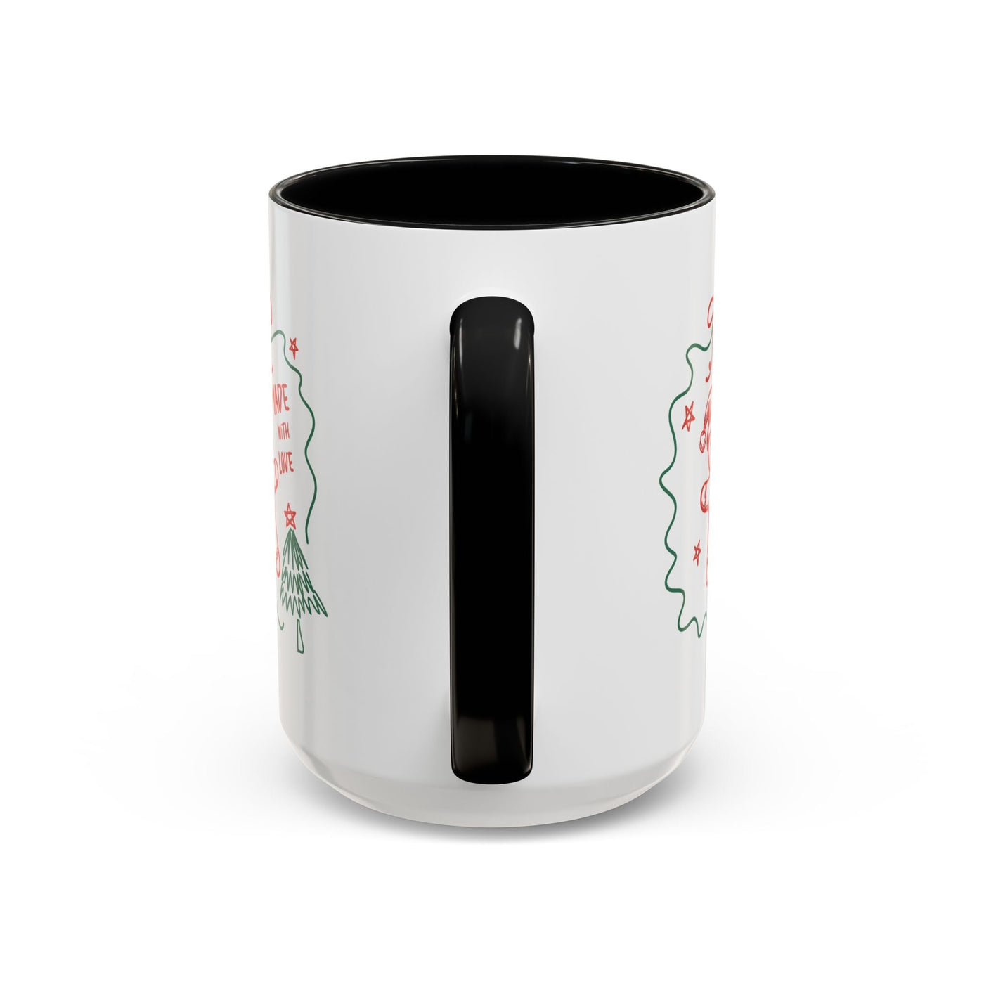 White ceramic festive Christmas coffee mug with black handle and interior, 11oz and 15oz sizes