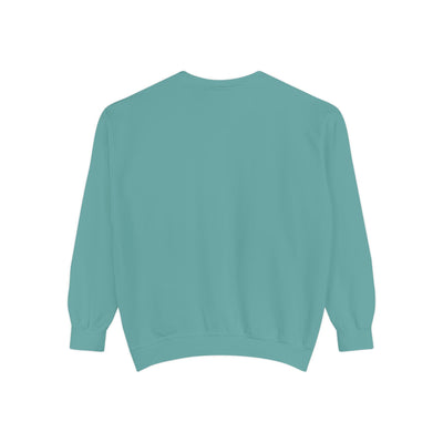 Back view of teal "God Says I Am" inspirational crewneck sweatshirt by Brew’d Up Designs, unisex Bible verse fleece pullover.