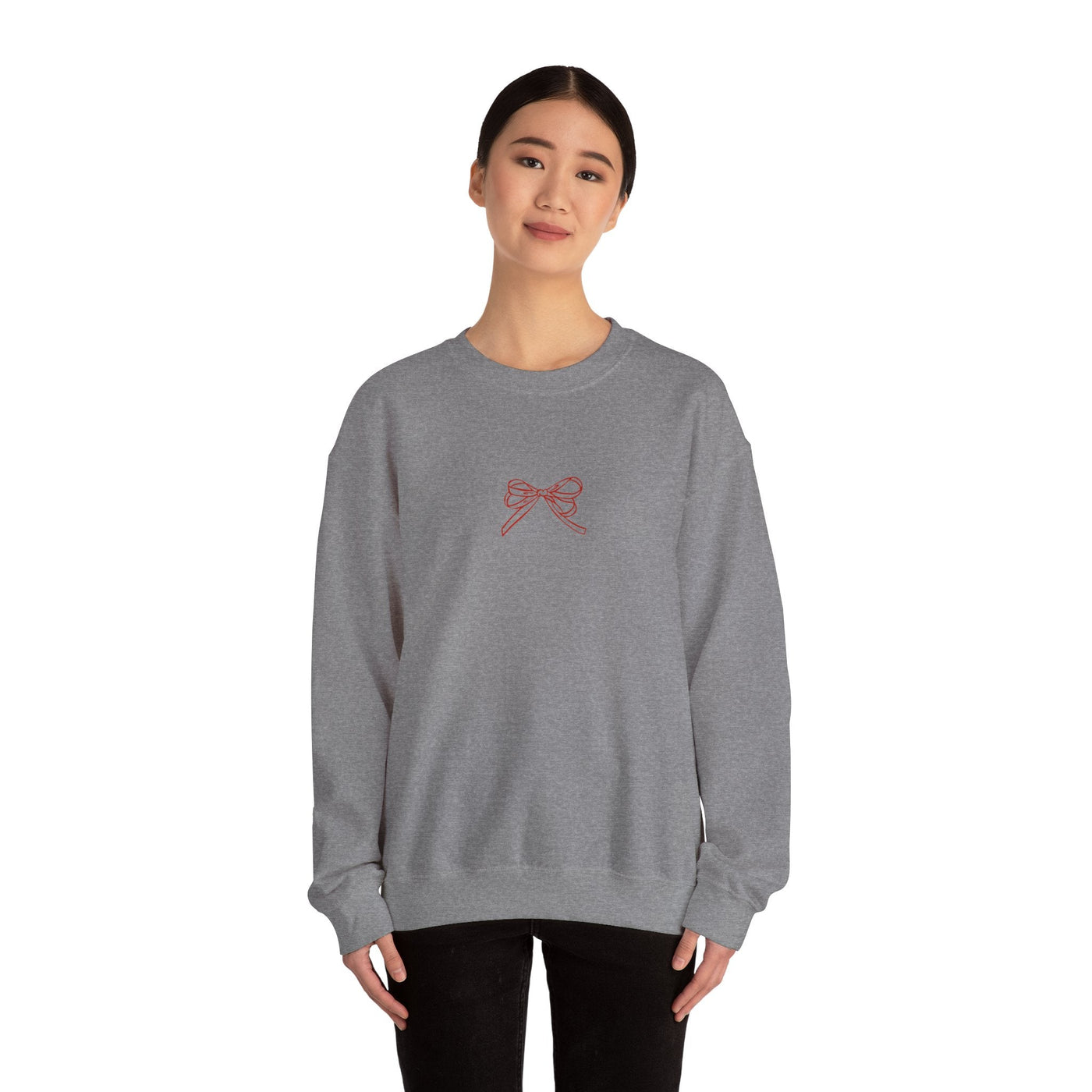 Gray Holiday Bow Crewneck Sweatshirt with red bow design, cozy fit, festive holiday style for adults
