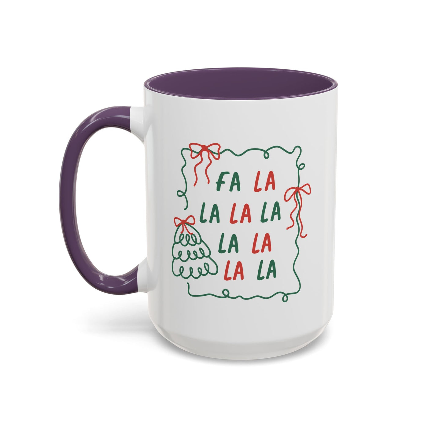 Fa La La Christmas coffee mug with minimalist red and green holiday design, white ceramic with purple handle and interior, dishwasher and microwave safe.
