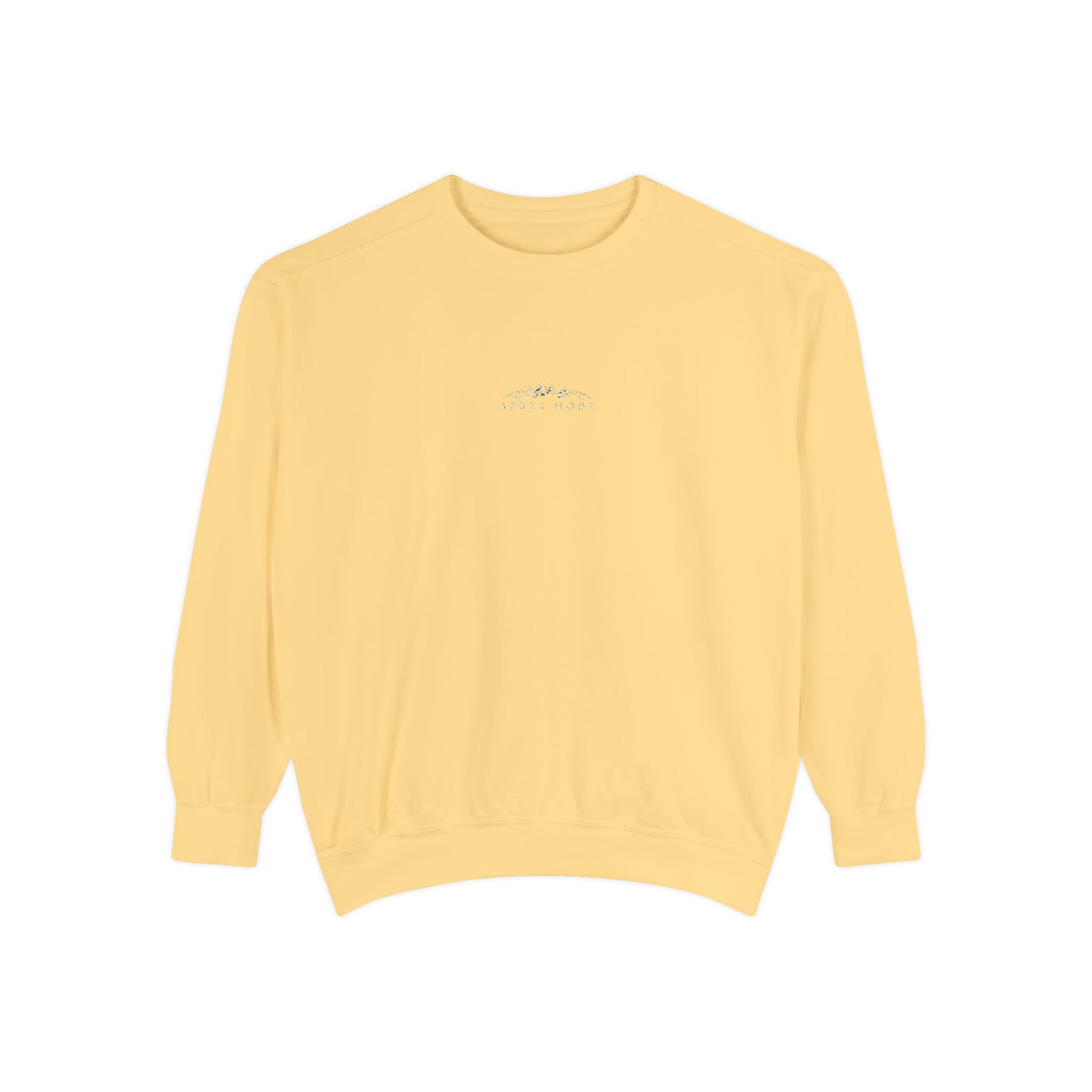 Yellow unisex sweatshirt with mountain skiing embroidery and "apres Mode" text, relaxed fit, ribbed cuffs and hem