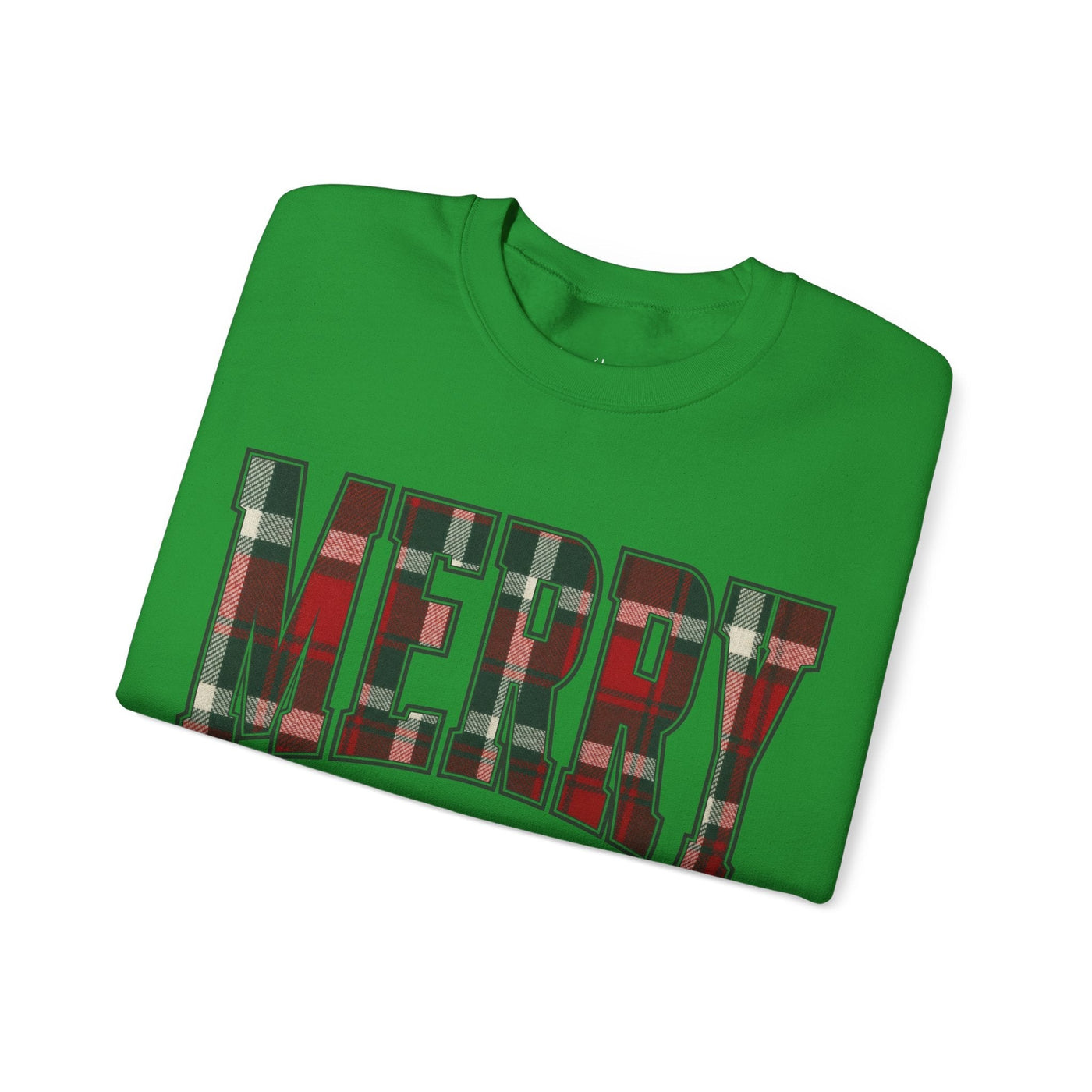 Green MERRY Christmas plaid holiday crewneck sweatshirt with red and white graphic design