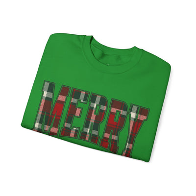 Green MERRY Christmas plaid holiday crewneck sweatshirt with red and white graphic design