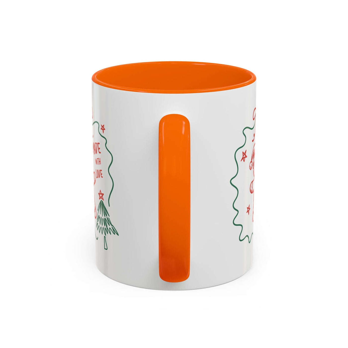 Festive Christmas coffee mug with orange handle and interior, white ceramic, holiday design, available in 11oz and 15oz sizes