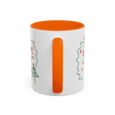 Festive Christmas coffee mug with orange handle and interior, white ceramic, holiday design, available in 11oz and 15oz sizes