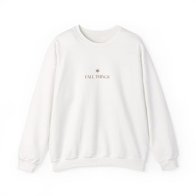 Minimalist white Fall Things Sweatshirt with cozy crewneck for autumn coffee lovers and homebodies