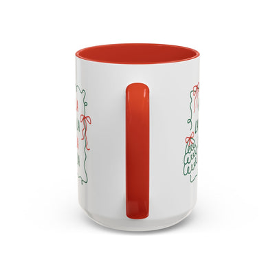 Fa La La Christmas Coffee Mug with red handle and interior, white ceramic, minimalist holiday design
