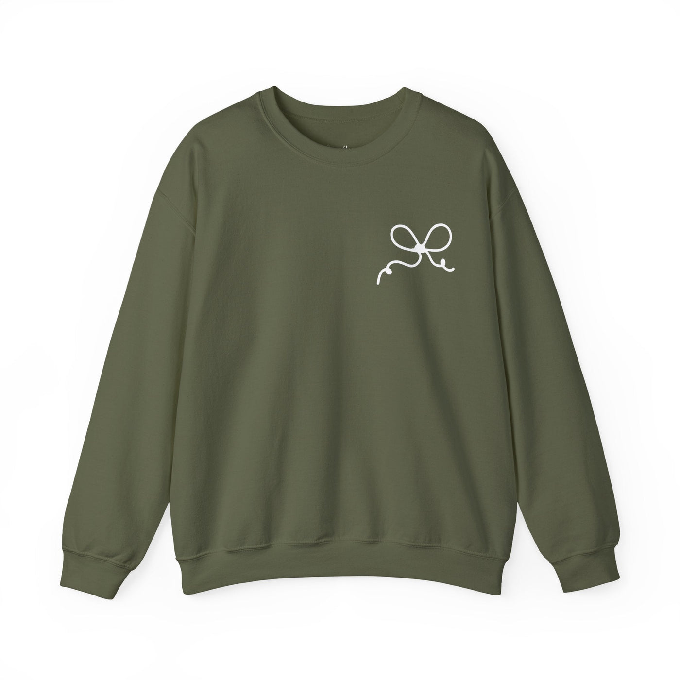 Coquette Bow Crewneck Sweatshirt in olive green with white bow design, made from cotton-polyester blend, festive and comfortable