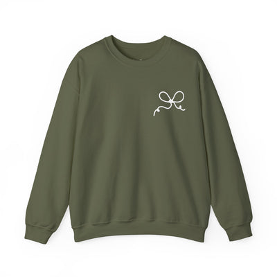 Coquette Bow Crewneck Sweatshirt in olive green with white bow design, made from cotton-polyester blend, festive and comfortable