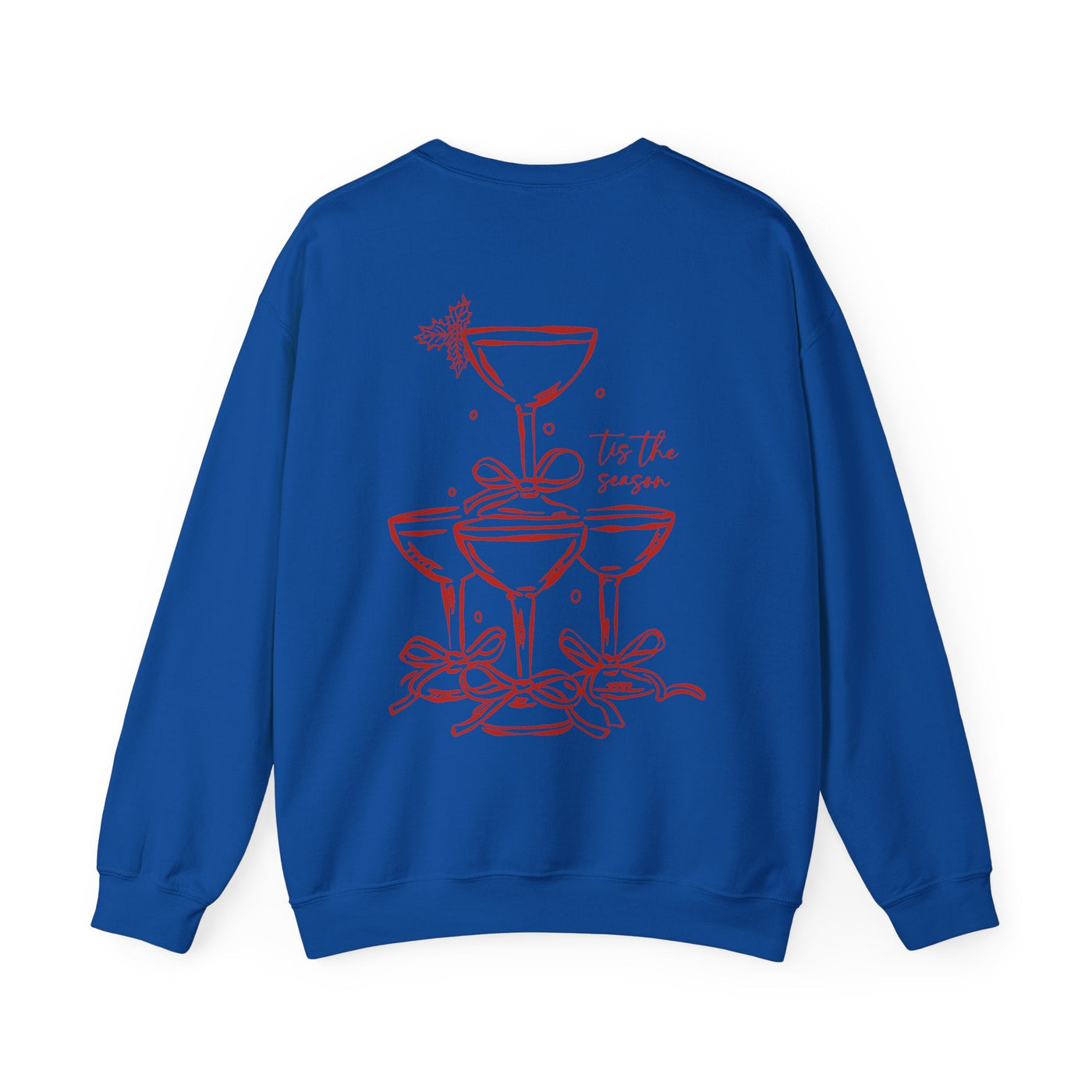 Blue Holiday Bow Crewneck Sweatshirt with festive champagne tower and bow design on back