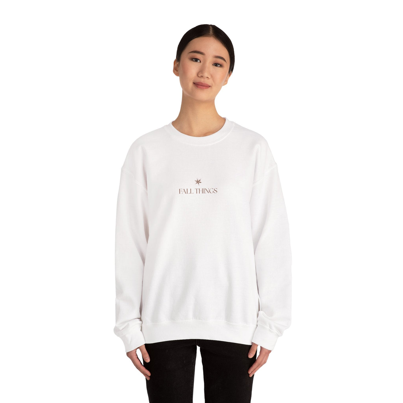 woman wearing white Fall Things Sweatshirt cozy minimalist autumn crewneck