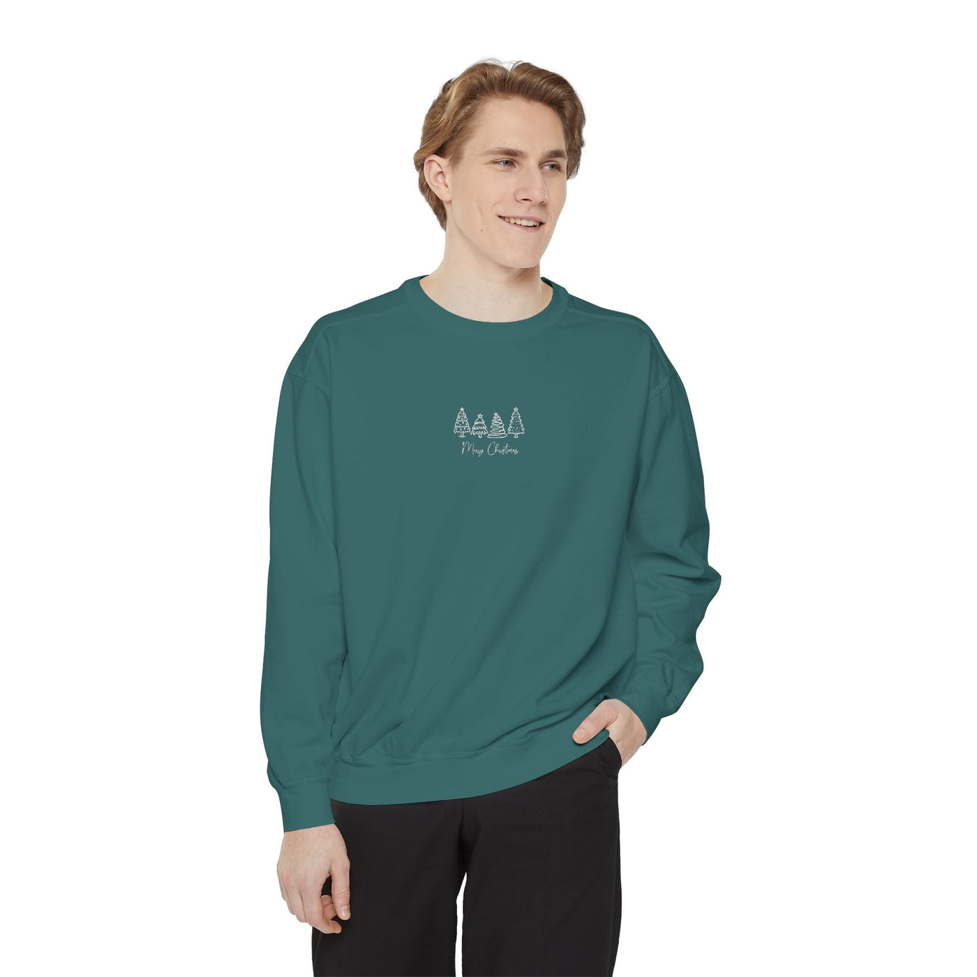 Cozy unisex garment-dyed sweatshirt with minimalist tree embroidery, ribbed collar and cuffs, soft cotton blend fabric