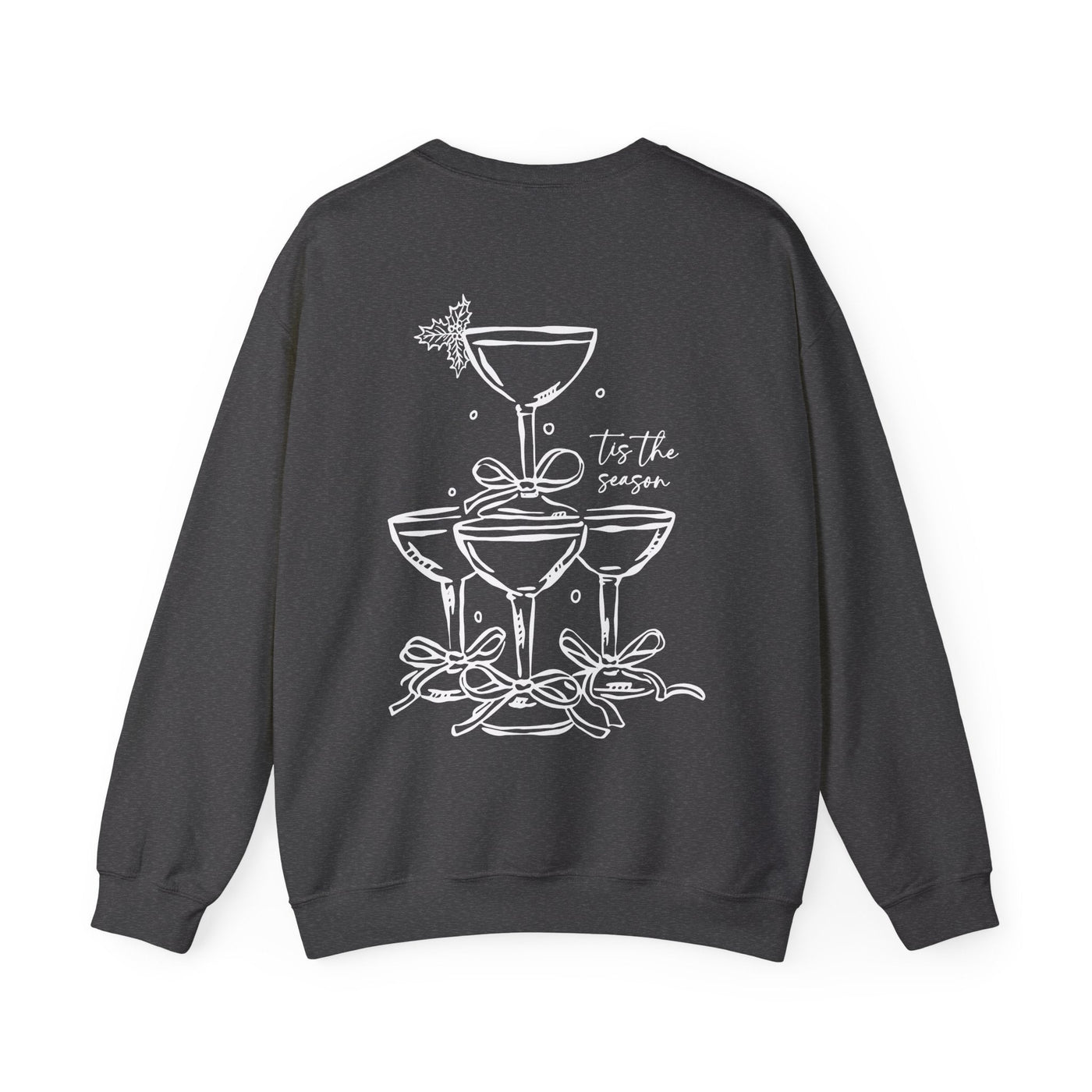 Black Holiday Bow Crewneck Sweatshirt with festive champagne tower and bow embroidery, 'Tis the Season design