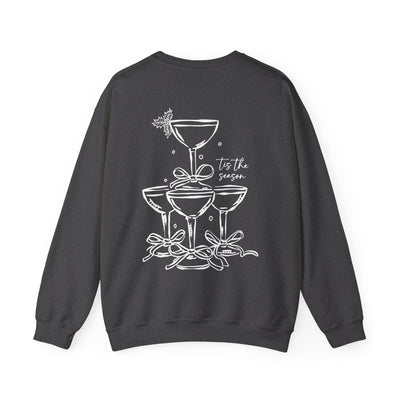 Black Holiday Bow Crewneck Sweatshirt with festive champagne tower and bow embroidery, 'Tis the Season design