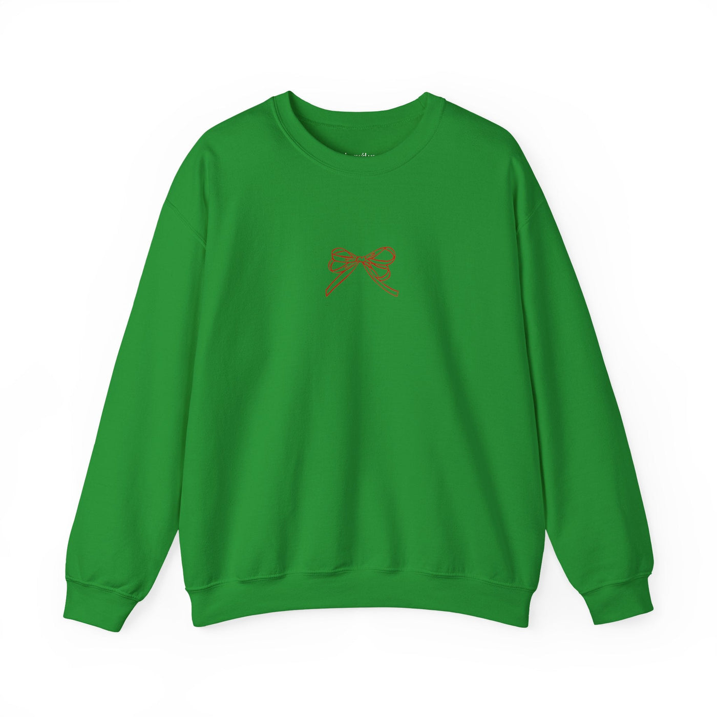 Green Holiday Bow Crewneck Sweatshirt with small red bow design on front for festive holiday wear