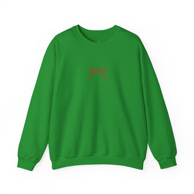Green Holiday Bow Crewneck Sweatshirt with small red bow design on front for festive holiday wear
