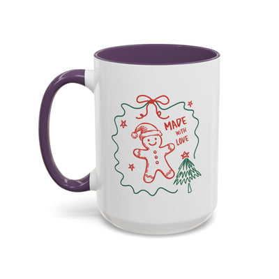 white ceramic festive Christmas coffee mug with purple handle and interior featuring gingerbread man and tree design made with love