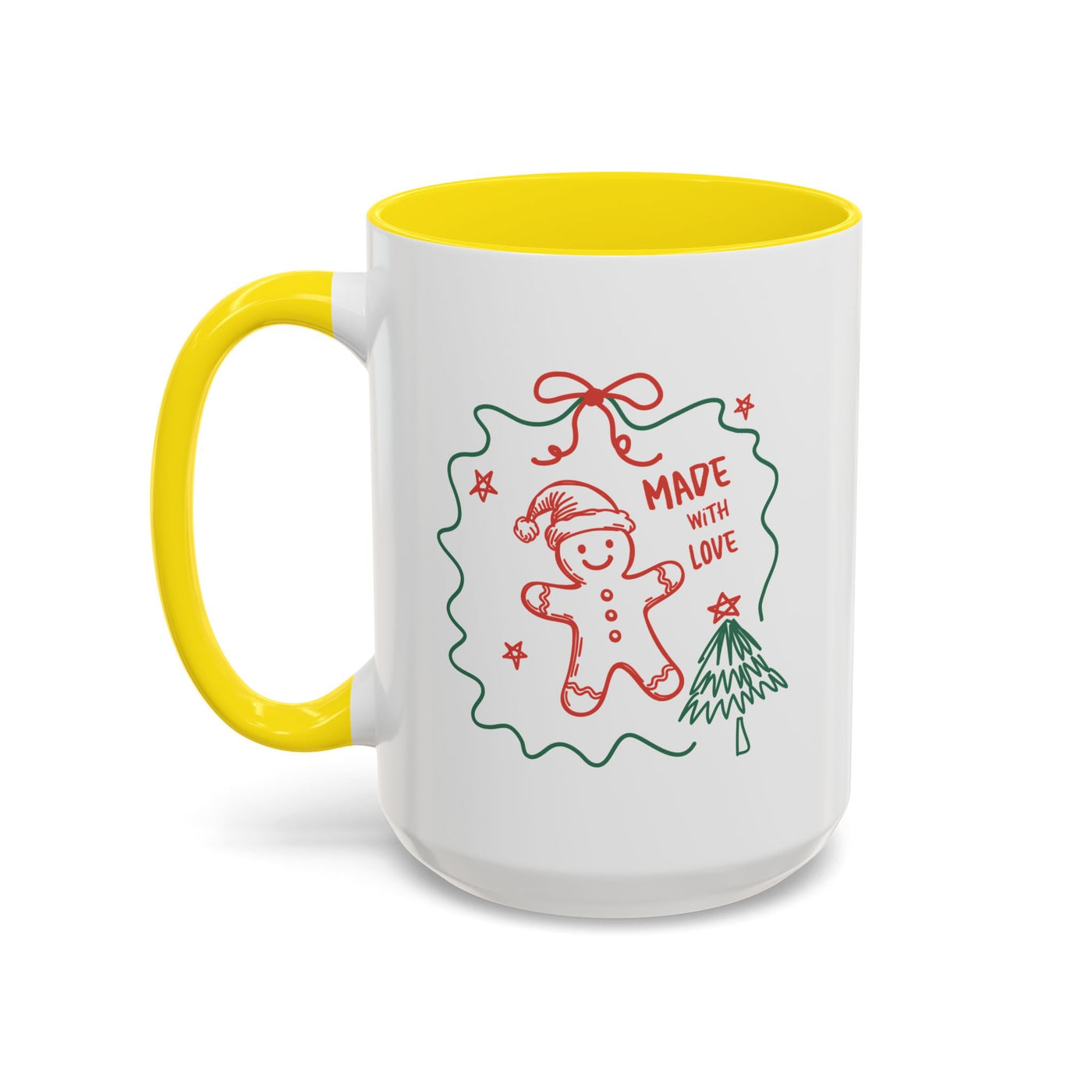White ceramic festive Christmas coffee mug with yellow interior and handle, featuring a red and green "Made with Love" gingerbread design