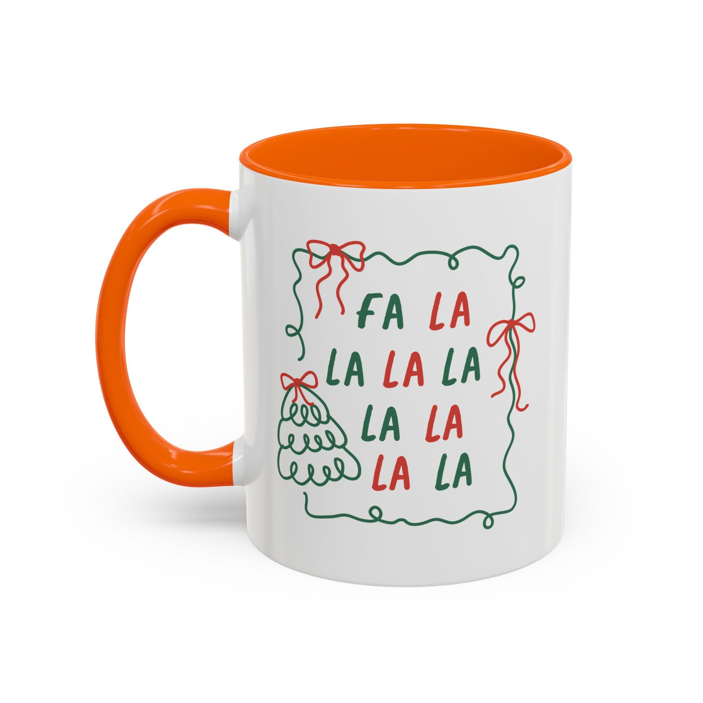 Fa La La Christmas Coffee Mug with orange handle and festive minimalist design on white ceramic