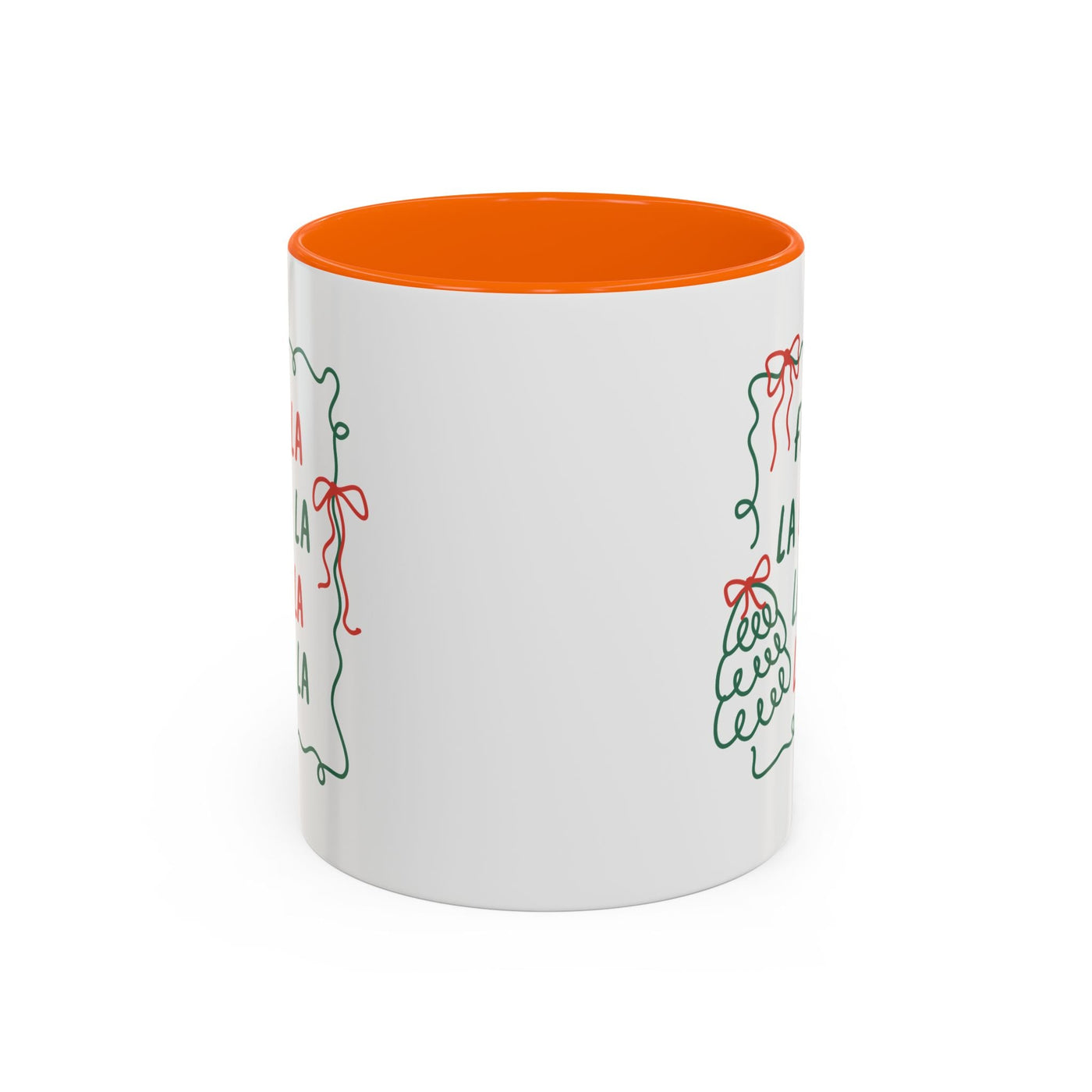 Fa La La Christmas Coffee Mug with minimalist holiday design, white ceramic with orange interior, microwave and dishwasher safe, festive coffee cup for holiday mornings