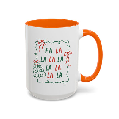 White ceramic "Fa La La Christmas Coffee Mug" with orange handle and rim, minimalist holiday design, dishwasher and microwave safe.