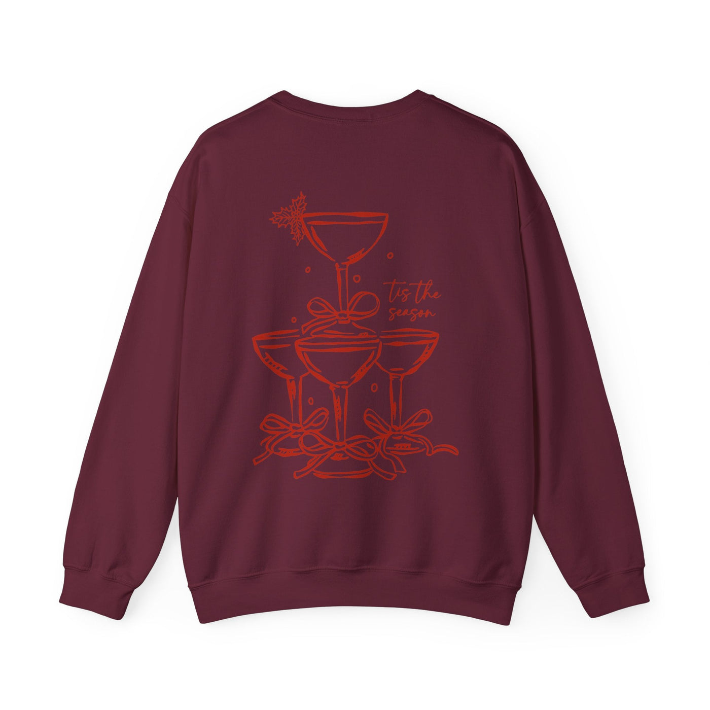 Holiday Bow Crewneck Sweatshirt in burgundy with festive champagne tower and bow design on back