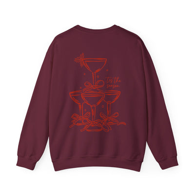 Holiday Bow Crewneck Sweatshirt in burgundy with festive champagne tower and bow design on back