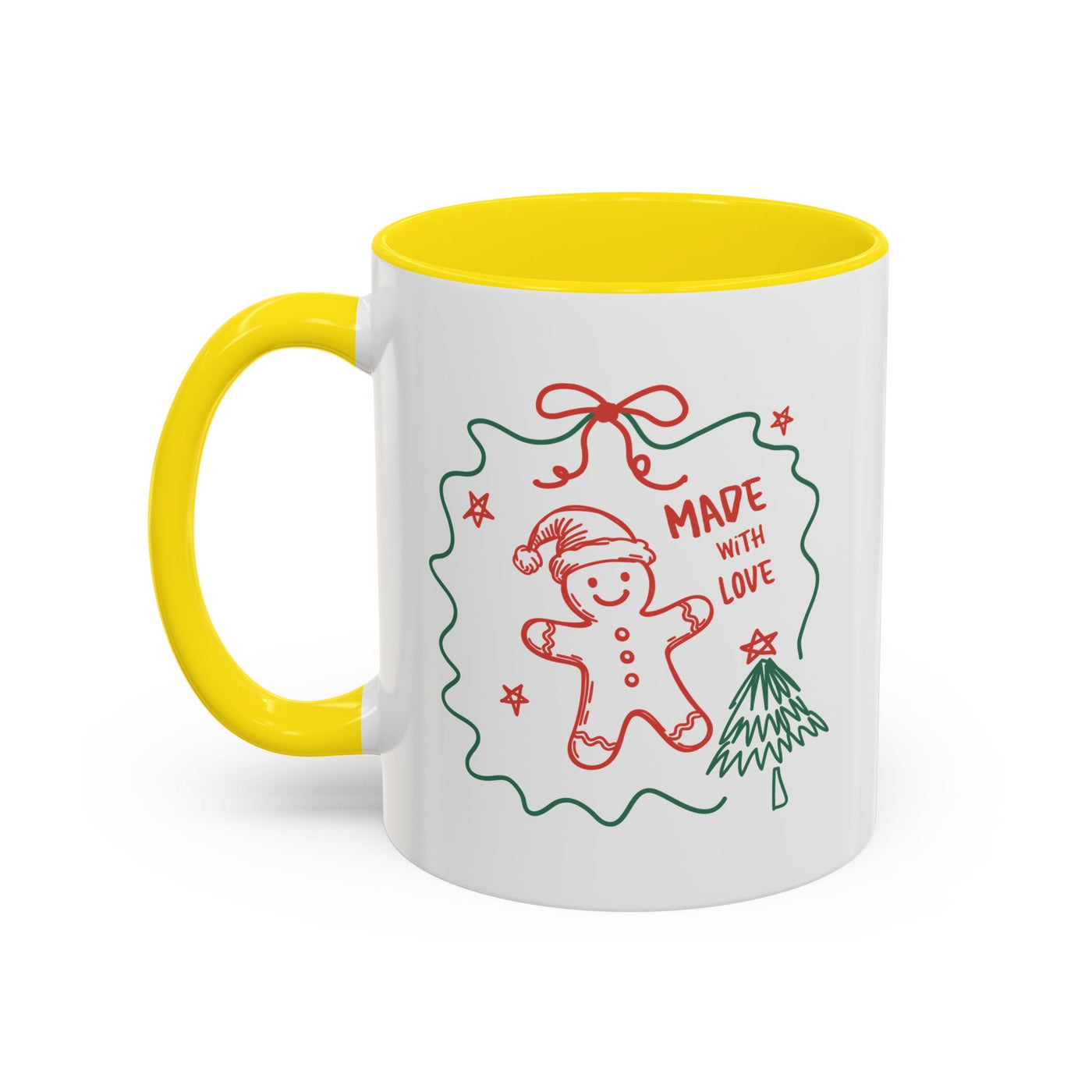 Ceramic festive Christmas coffee mug with yellow handle and interior, featuring a red gingerbread man and green Christmas tree design